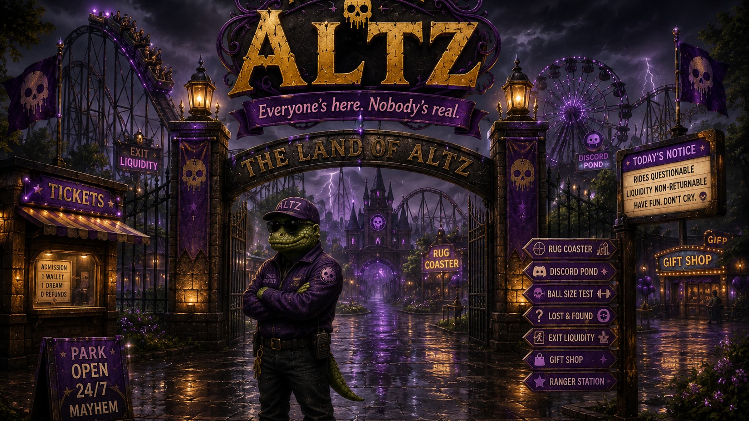 The closed gates of The Land of ALTZ at night, fog and rain