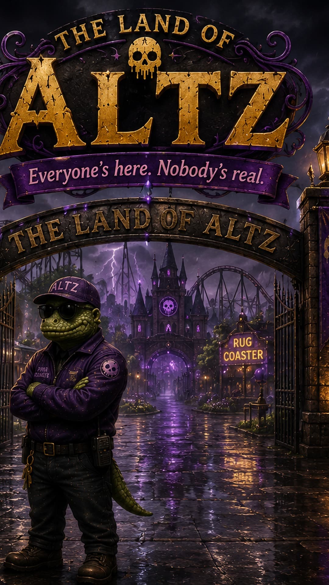 The closed gates of The Land of ALTZ at night, fog and rain